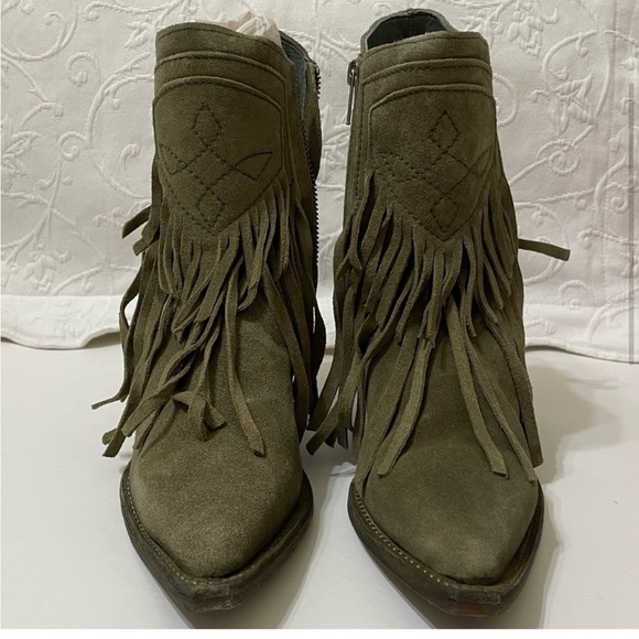 New FREE PEOPLE Womens Lawless Fringe Western Cowboy Boots Taupe Green Sz 6.5/37 - Picture 4 of 16